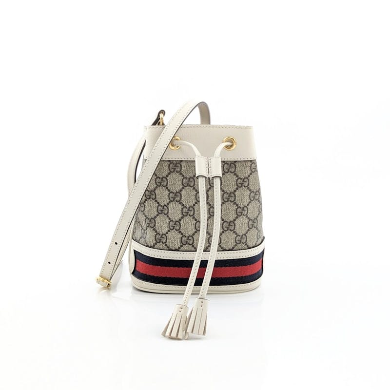 Ophidia GG mini bucket bag in beige and white canvas