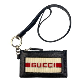 Gucci Fake Logo Lanyard Card Case Leather Wallet - Black Wallets